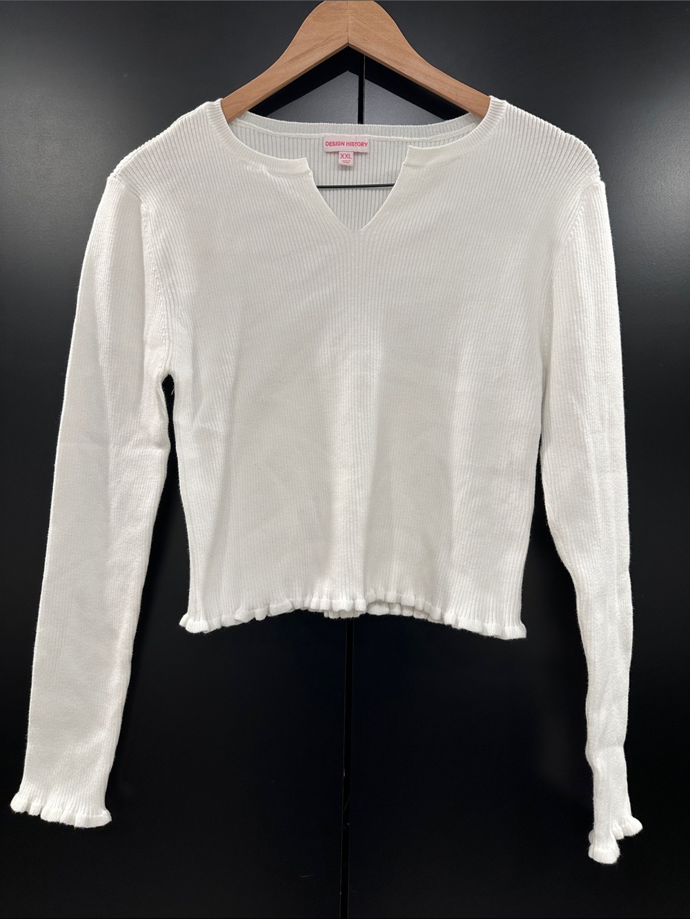 NWOT Design History Girls Cream Ribbed Long-Sleeve Notch-Neck Top